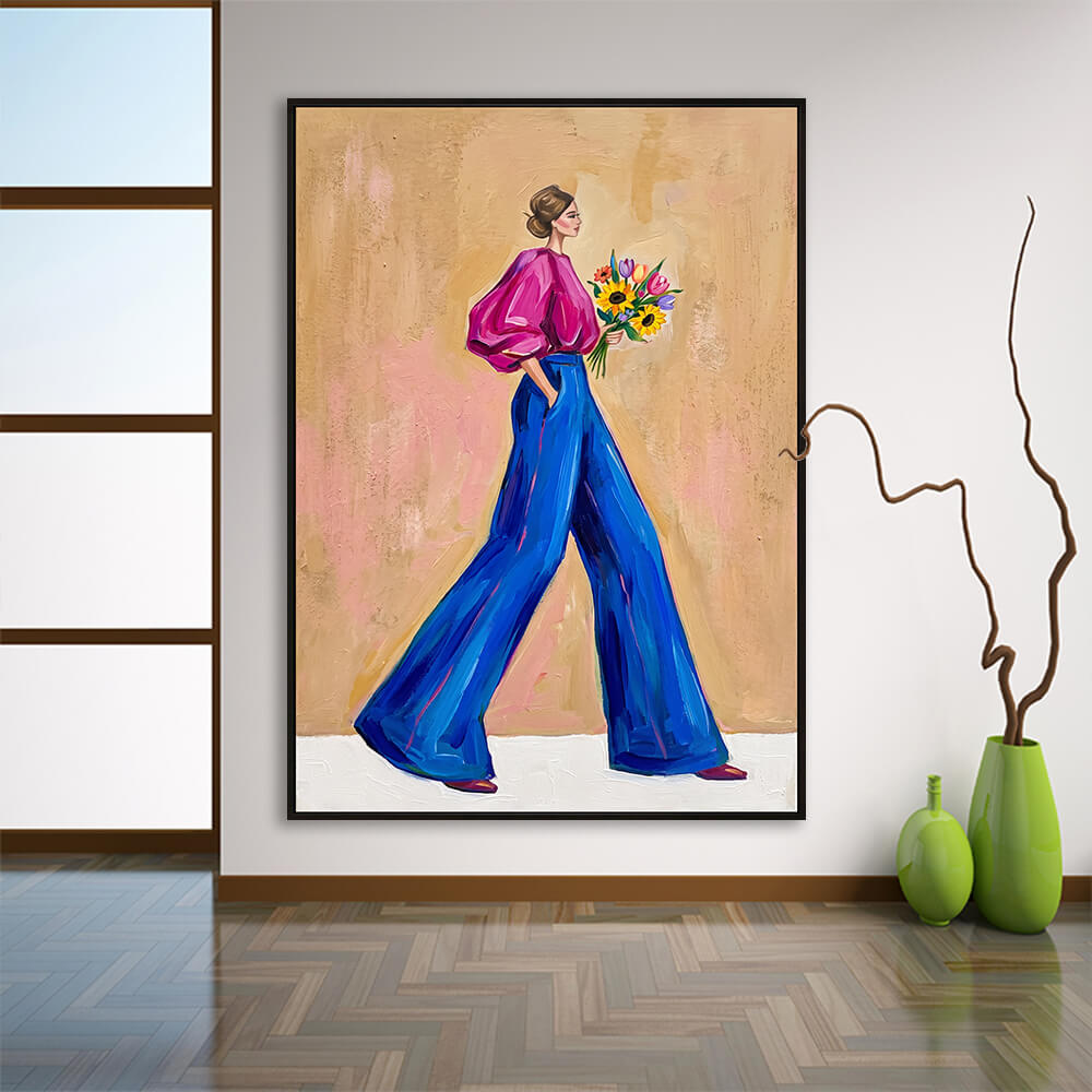 Interior styling view of Vibrant Stride decorative painting hanging above a wooden floor next to green vases and a large window.