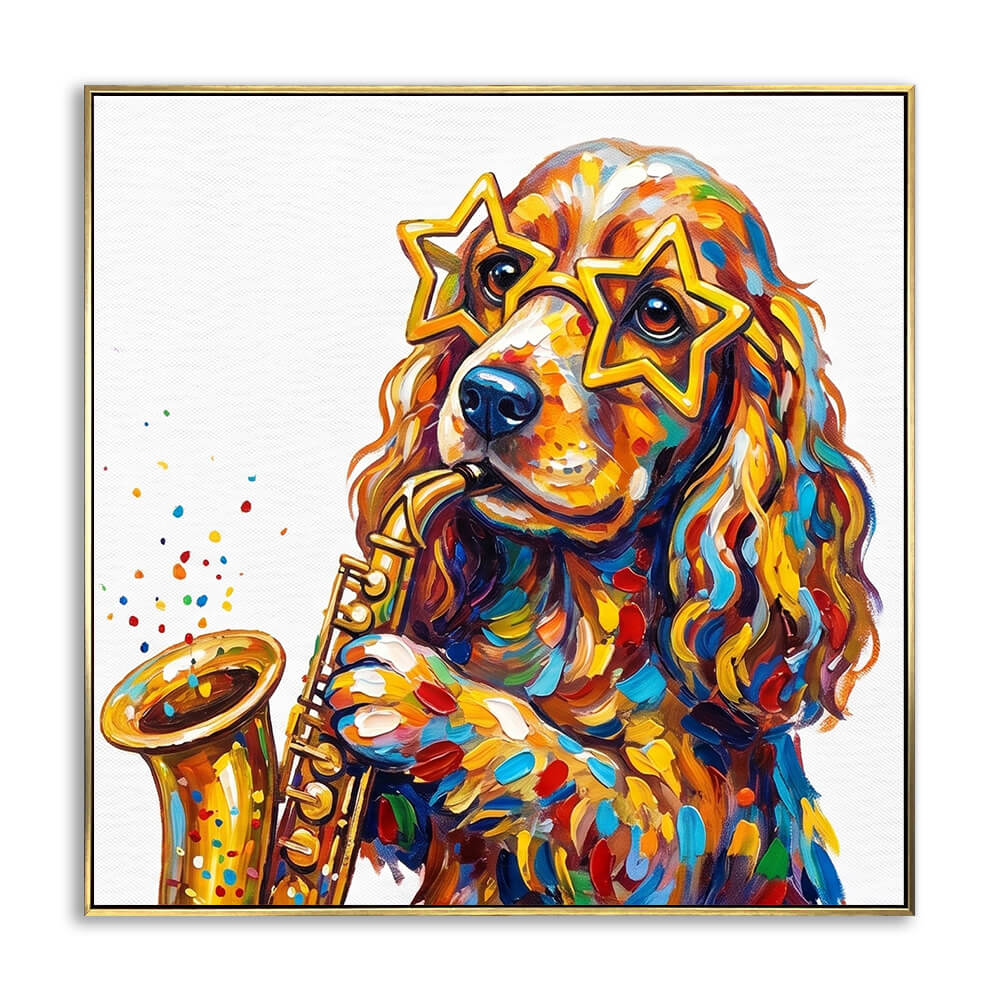 Hand painted colorful cocker spaniel dog with star sunglasses playing saxophone heavy texture pop art canvas
