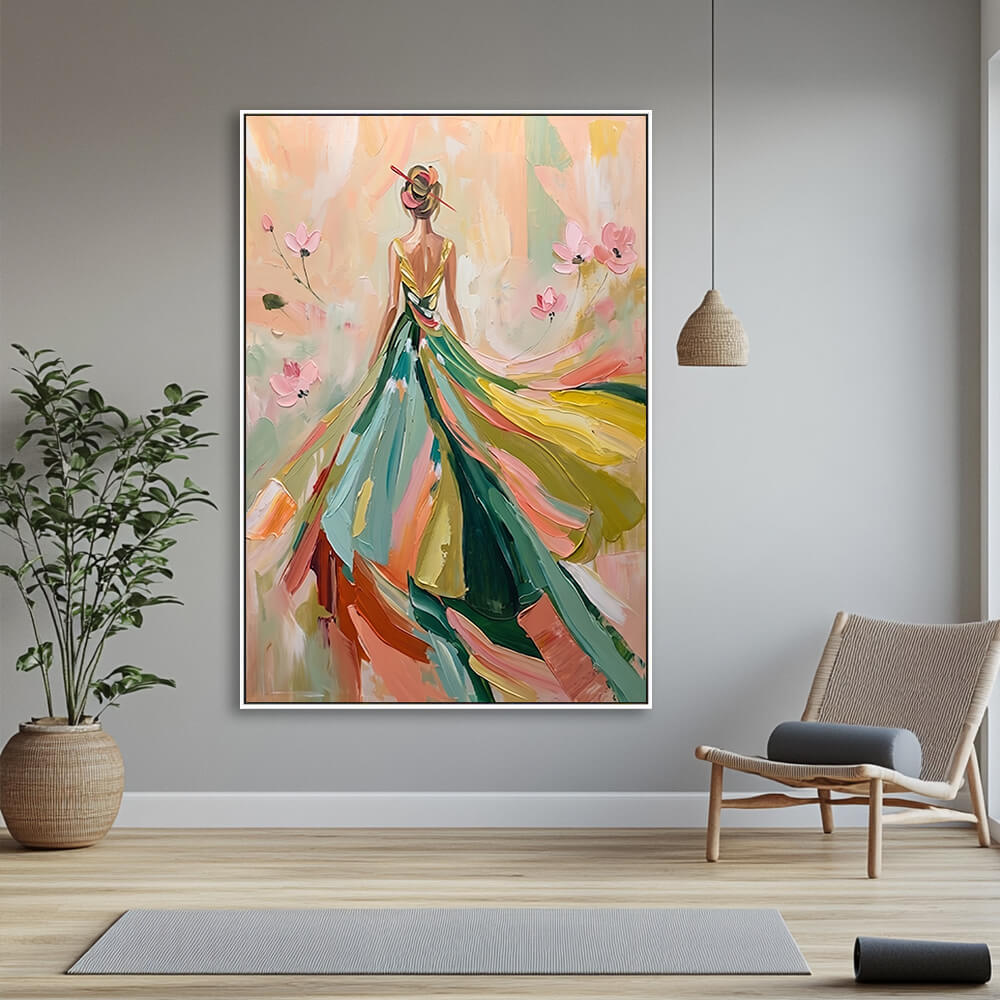 Textured female figure artwork displayed on entryway console wall