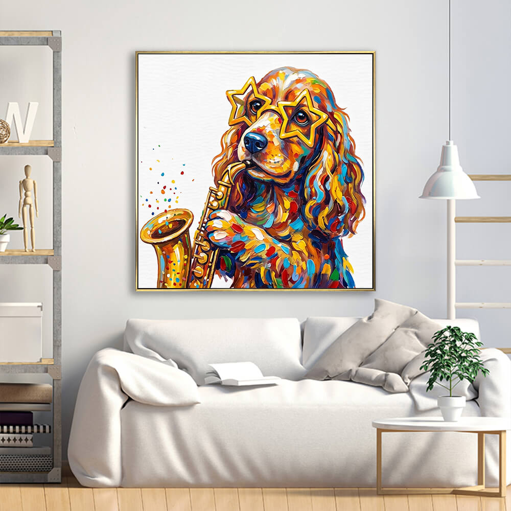 Vibrant cocker spaniel saxophone textured painting above cream linen sofa