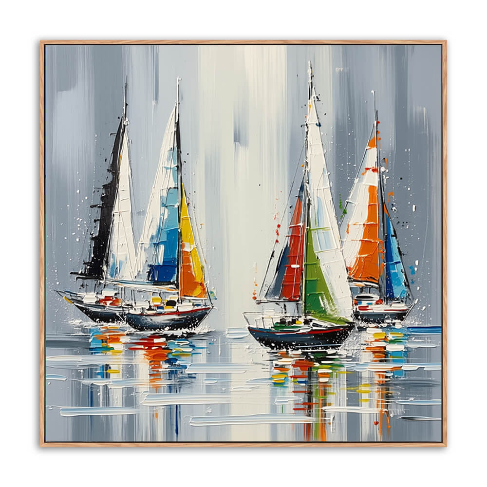 Hand-painted sailing regatta canvas, fleet of colorful sailboats with red blue yellow green orange sails on misty grey seascape, water reflection, light wood floating frame, isolated white background