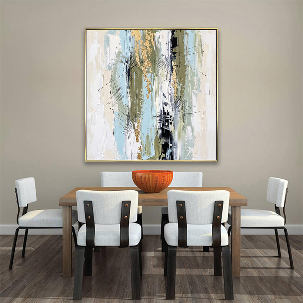 Elegant vertical pastel gold abstract hand-painted canvas decor above solid wooden dining table