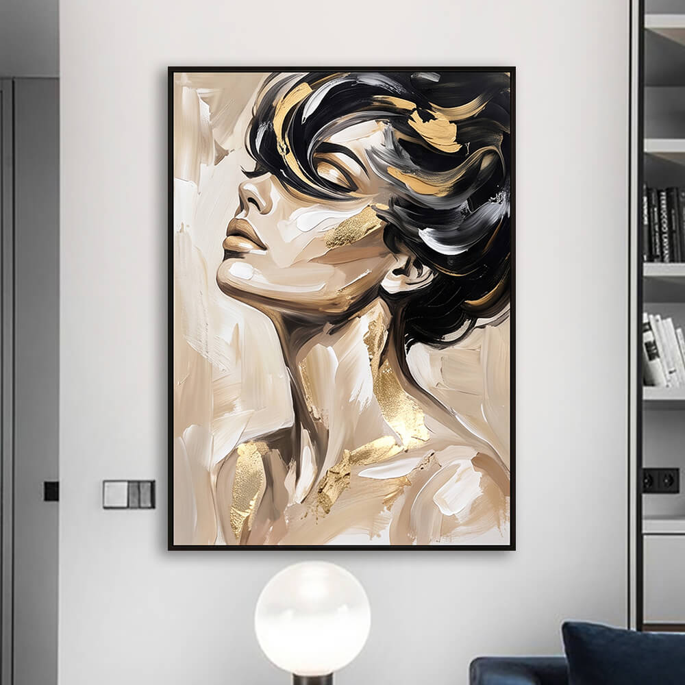 Stylish bedroom wall decor showcasing an original hand-painted abstract female portrait with radiant gold accents and heavy impasto texture.