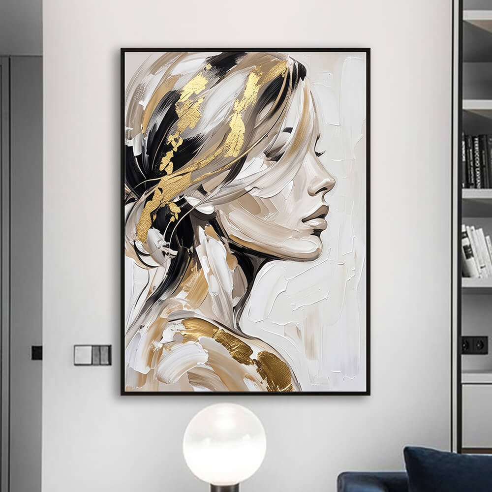 Stylish bedroom wall decor showcasing an original hand-painted abstract female portrait with radiant gold accents and heavy impasto texture.
