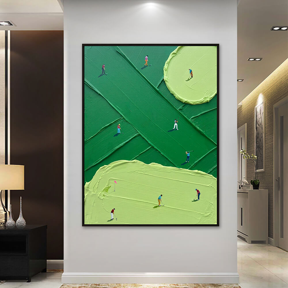Interior styling view of Emerald Fairway contemporary golf artwork hanging in a bright luxury hallway.