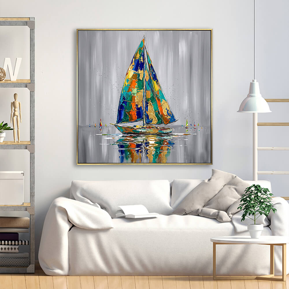 Bold multicolor gold foil sailboat abstract painting above cream linen minimalist sofa
