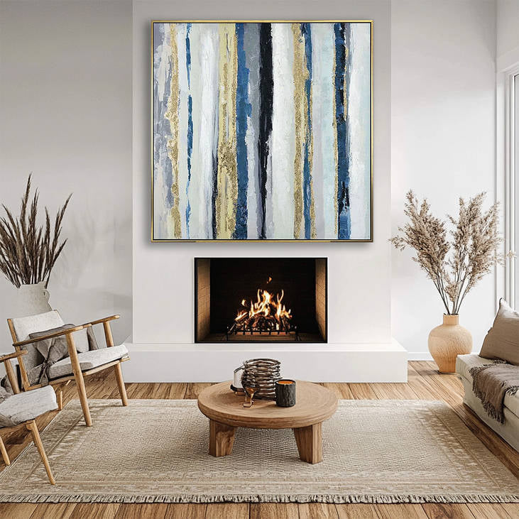 Hand Painted Abstract Blue Gold Striped Canvas Wall Art #YX301