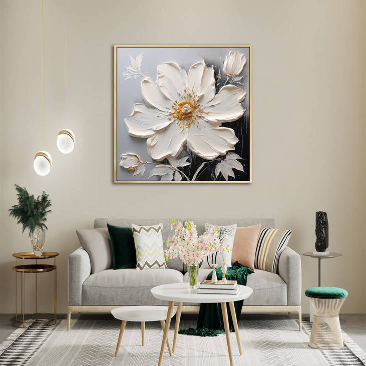 Abstract White Flower Art with Gold Details #VA107