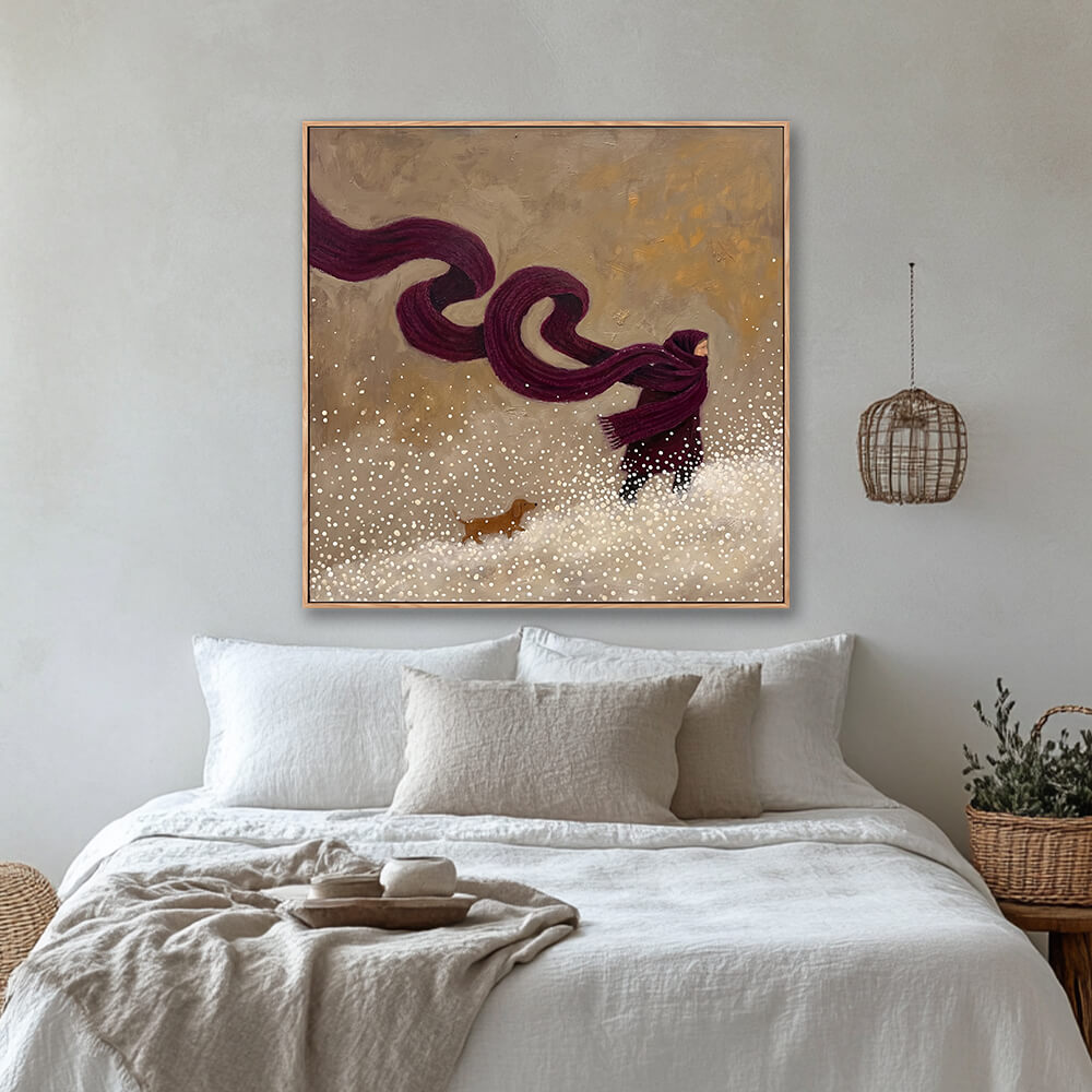 Winter walk with dachshund painting above bed in cozy neutral bedroom interior