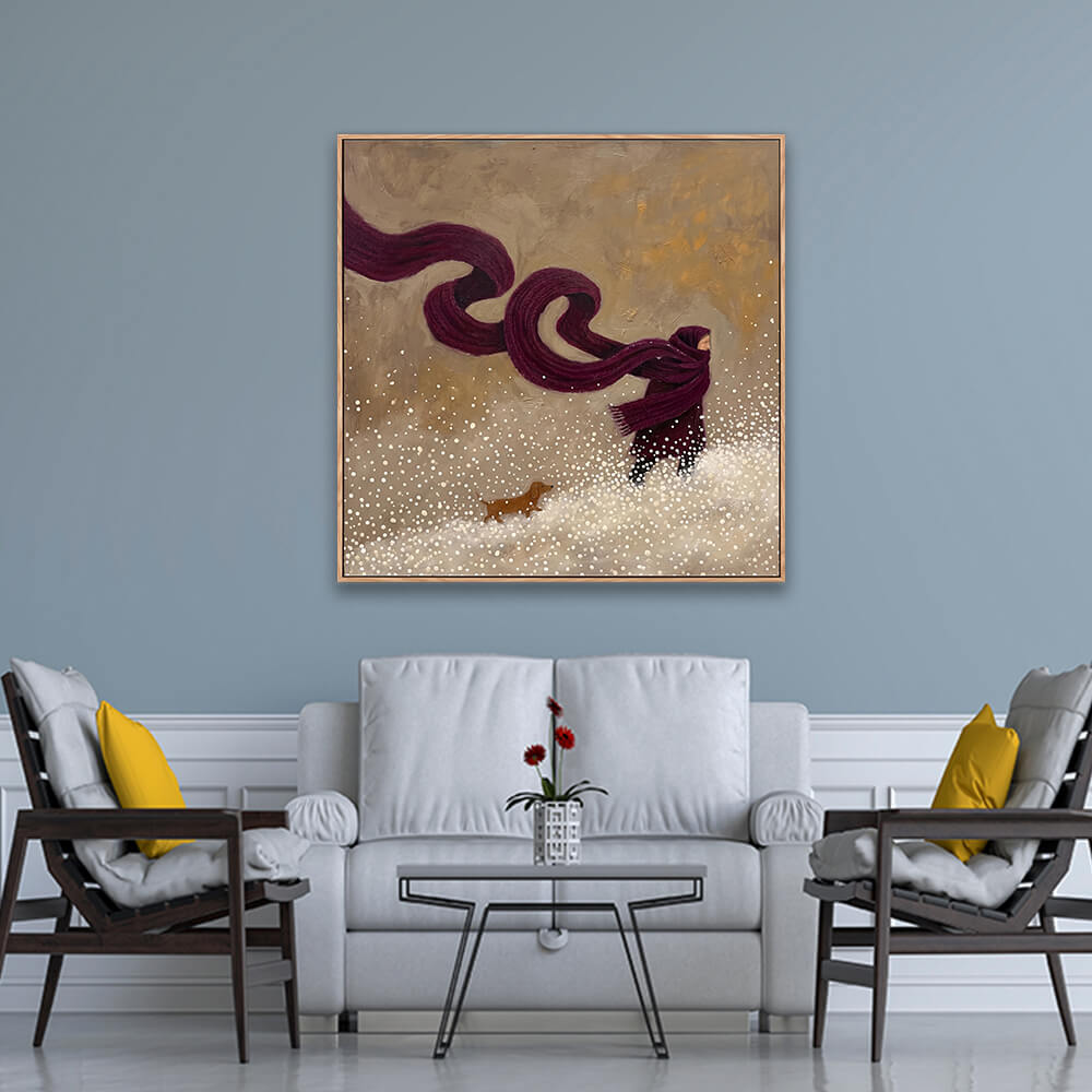 Winter snow scene dachshund painting on blue wall in traditional living room