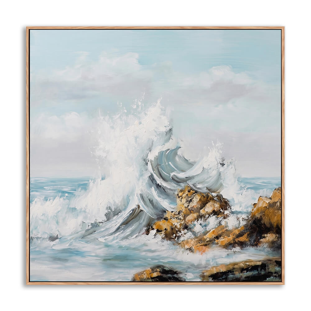 Hand painted seascape canvas of crashing frothy ocean wave hitting rocky shore, soft layered brushwork, pale blue sky with clouds