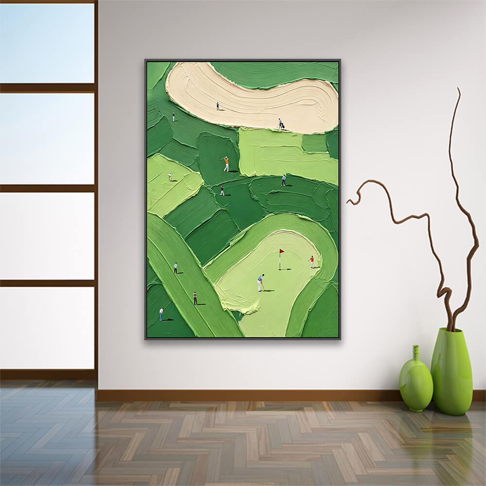 Aerial golf course painting displayed on plain entryway wall paired with ceramic vase decor