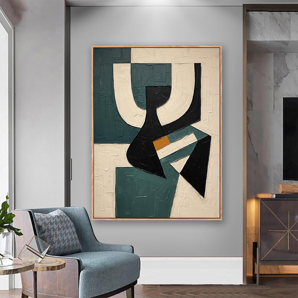 Framed teal silhouette abstract canvas mounted beside bathroom vanity