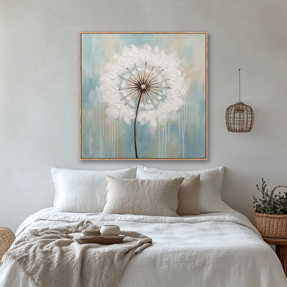 White dandelion textured floral wall art above bed in cozy neutral bedroom interior