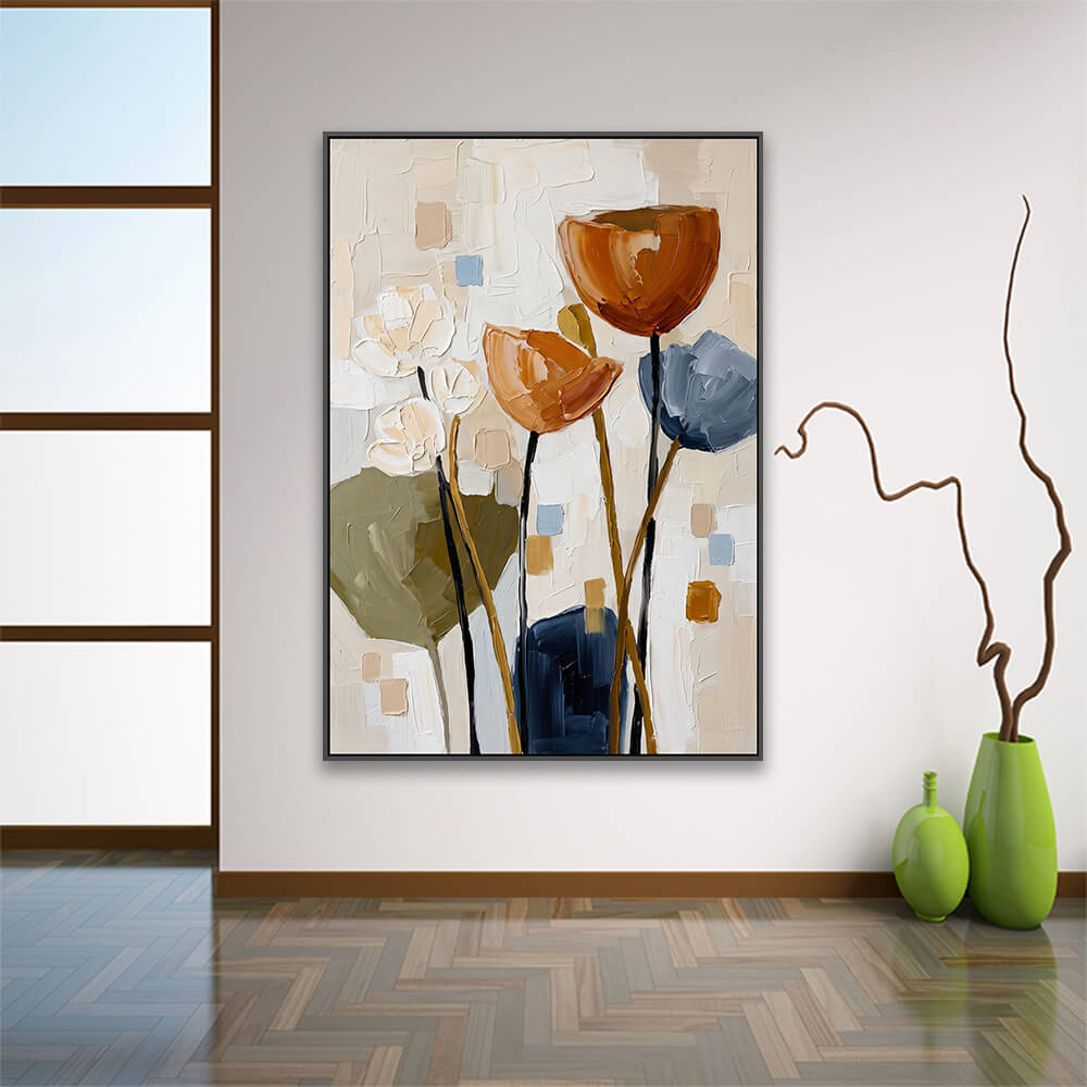 Abstract tulip painting displayed on plain entryway wall with ceramic vase ornaments