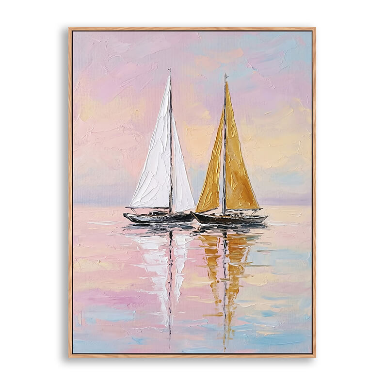 Vertical hand painted canvas featuring two sailboats with white and golden sails on calm reflective water, dreamy pink and blue sunset sky, heavy 3D impasto texture, romantic seascape artwork