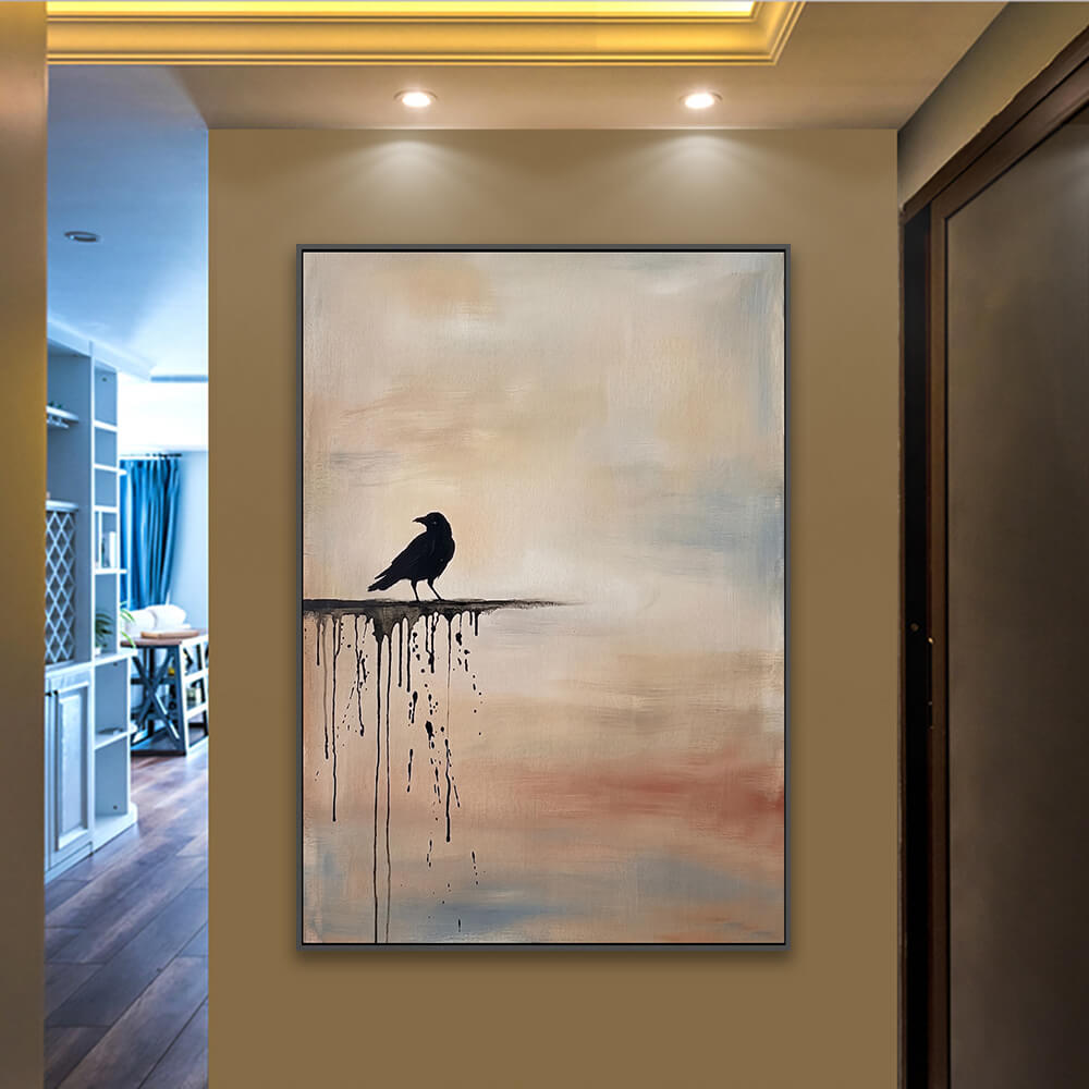 Drip texture raven artwork installed along corridor with ceiling spotlights