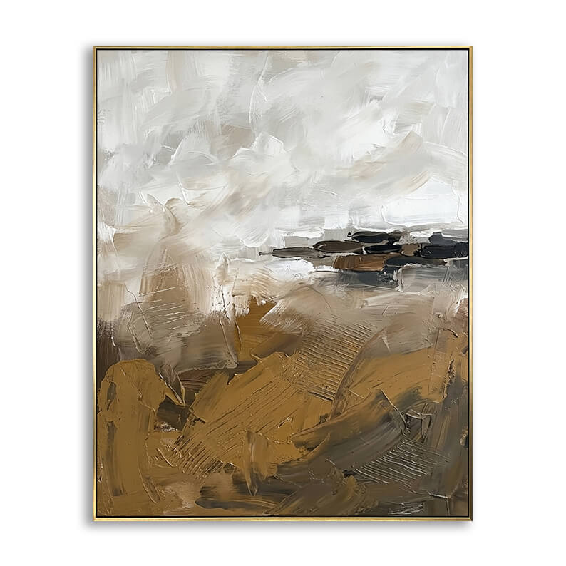 Hand-painted abstract landscape canvas art featuring heavy 3D palette knife textures in beige white and rich brown.
