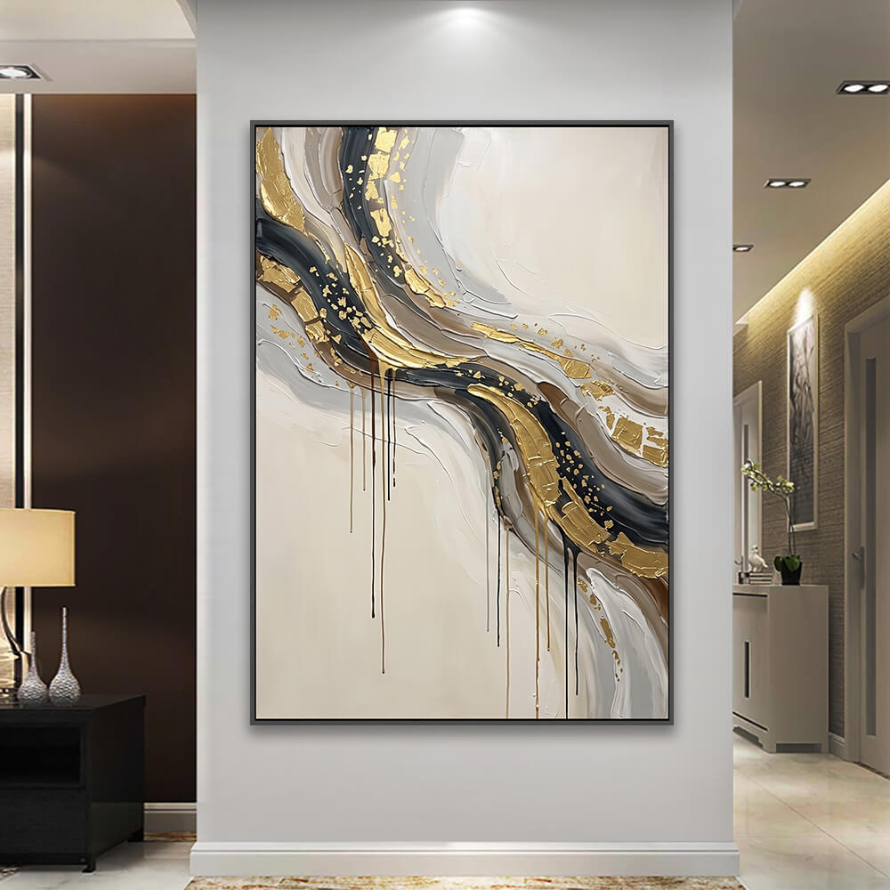 Flowing gold drip artwork displayed on entryway wall alongside decorative ceramic vases