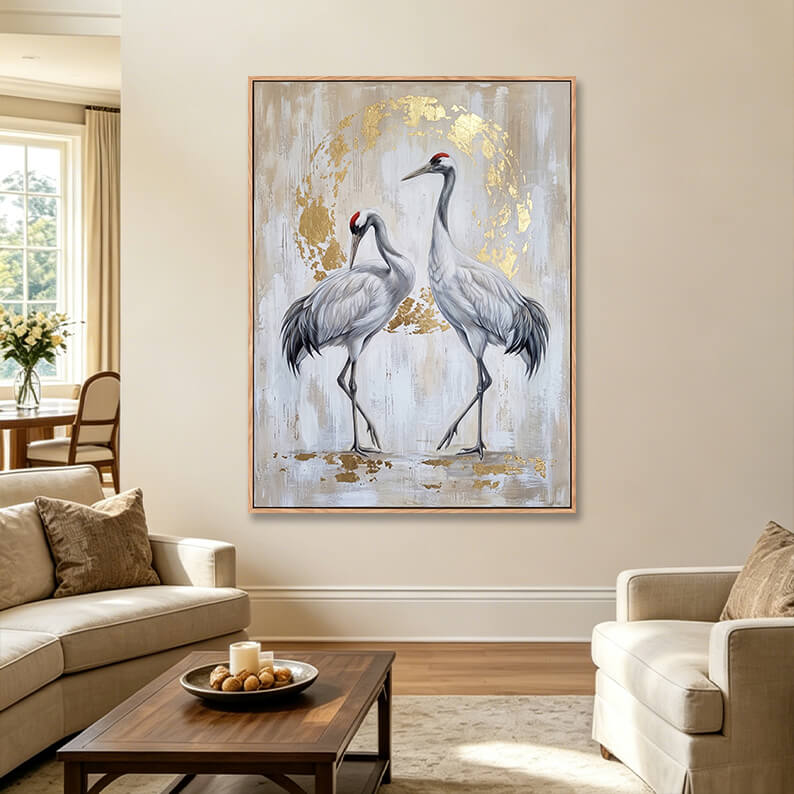 Large vertical elegant two cranes painting with shimmering gold leaf circle halo, textured beige background, sophisticated Asian-inspired luxury artwork