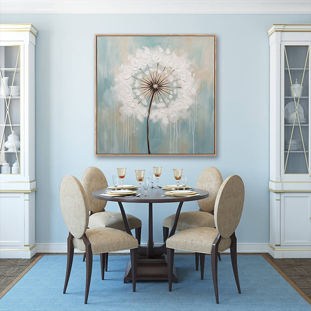 White dandelion heavy texture artwork in elegant formal dining room interior