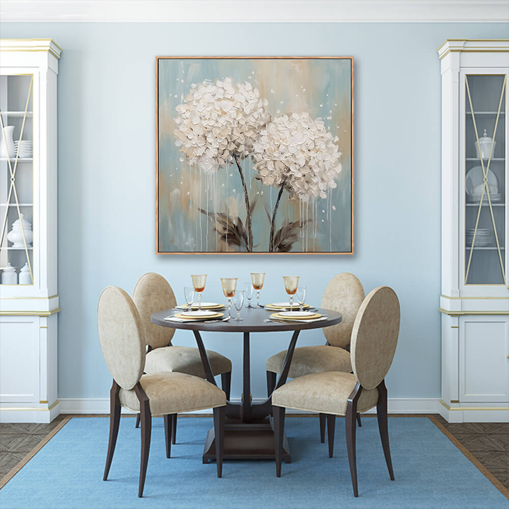 White hydrangea heavy texture artwork in elegant formal dining room interior