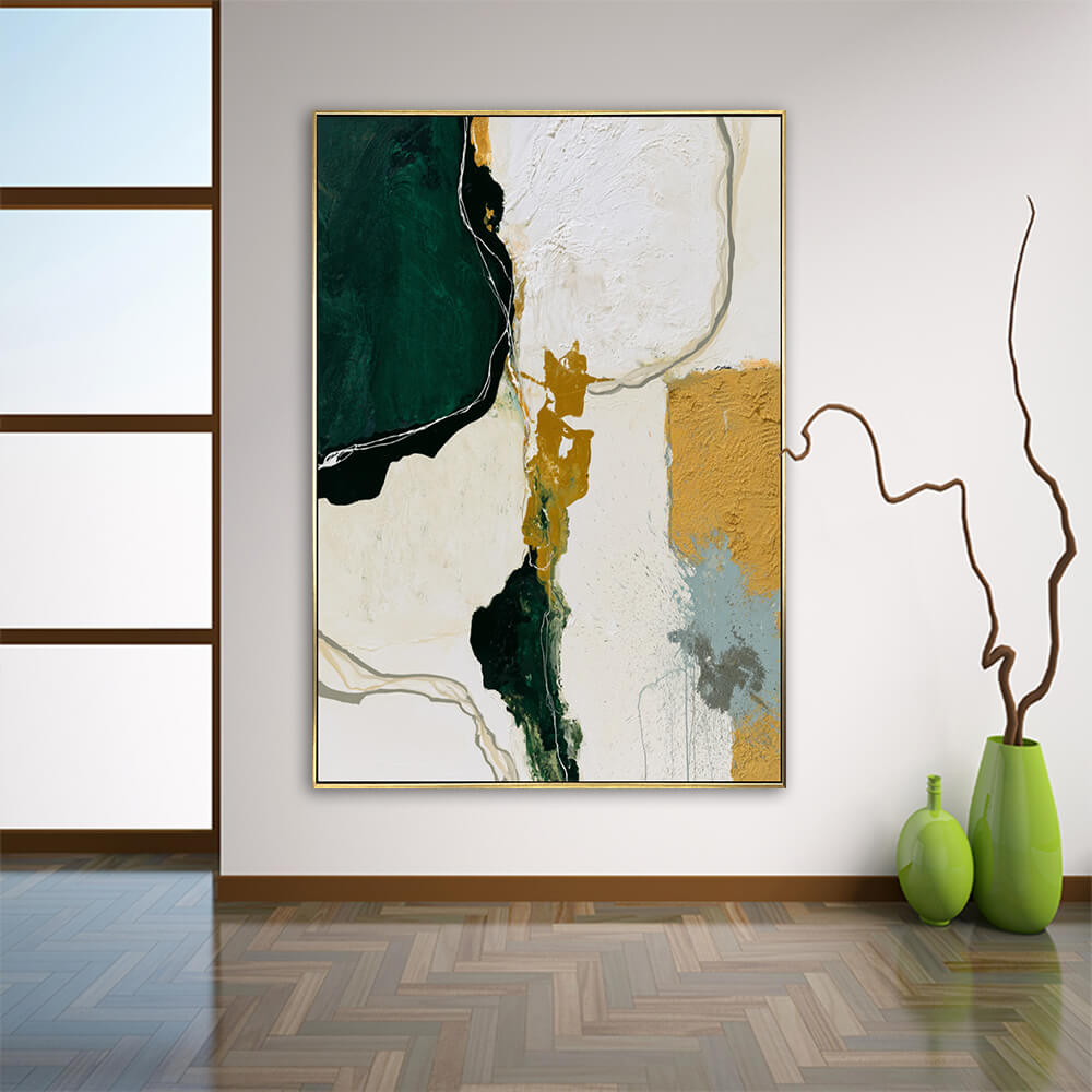 Modern entryway interior, gold framed vertical emerald green abstract canvas, soft textured luxury wall decor