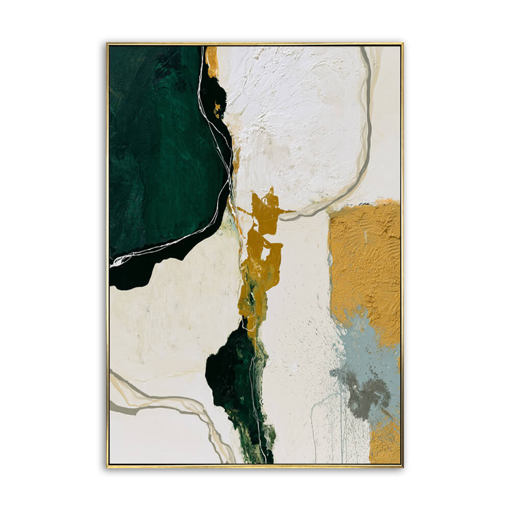Vertical hand painted abstract canvas, soft layered impasto flowing shapes, emerald green gold and dusty blue tone, modern luxury texture
