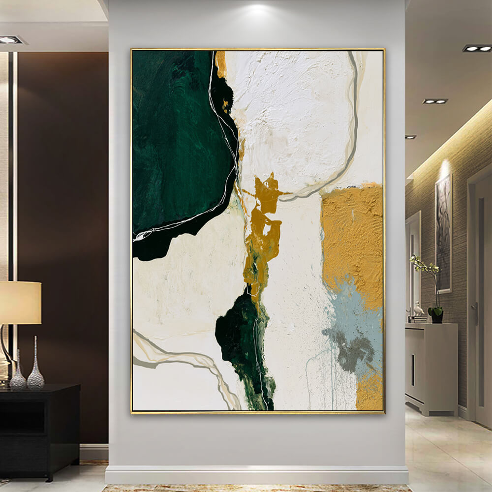 Luxury foyer wall decor, oversized vertical flowing shape abstract artwork in emerald and gold tone