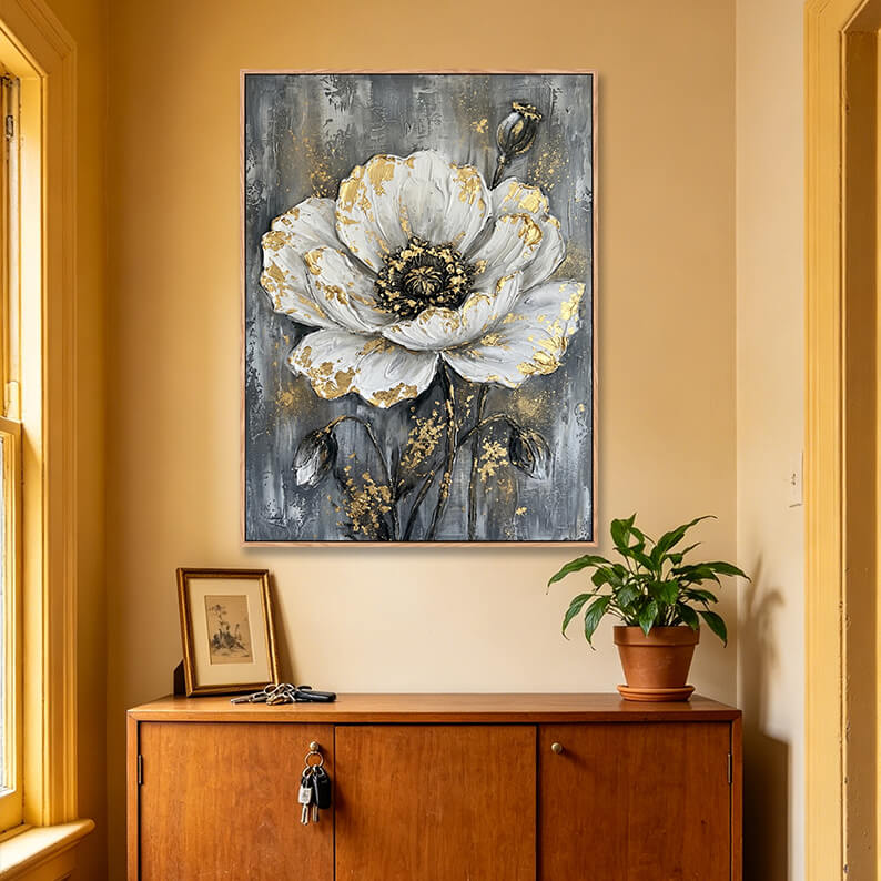 Vertical grey white and gold 3D poppy painting above wooden sideboard, heavy impasto vintage artwork for entryway decor
