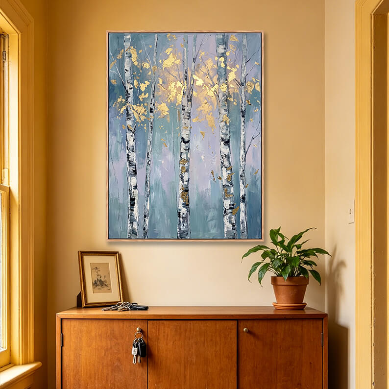 Vertical lavender and gold misty birch forest 3D painting above wooden sideboard, heavy impasto nature artwork for entryway decor