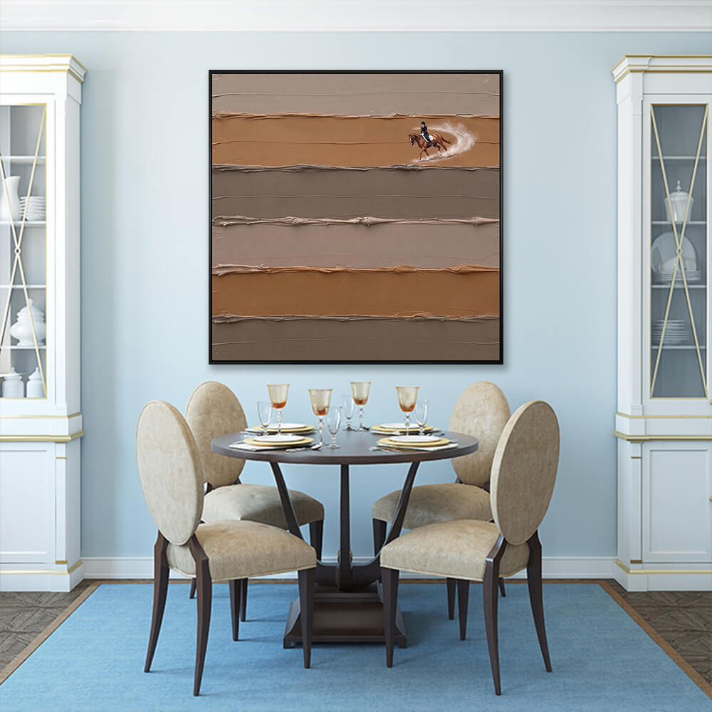 Interior styling view of Equestrian Elegance hanging in a blue-accented dining room above a dark wooden dining table set.