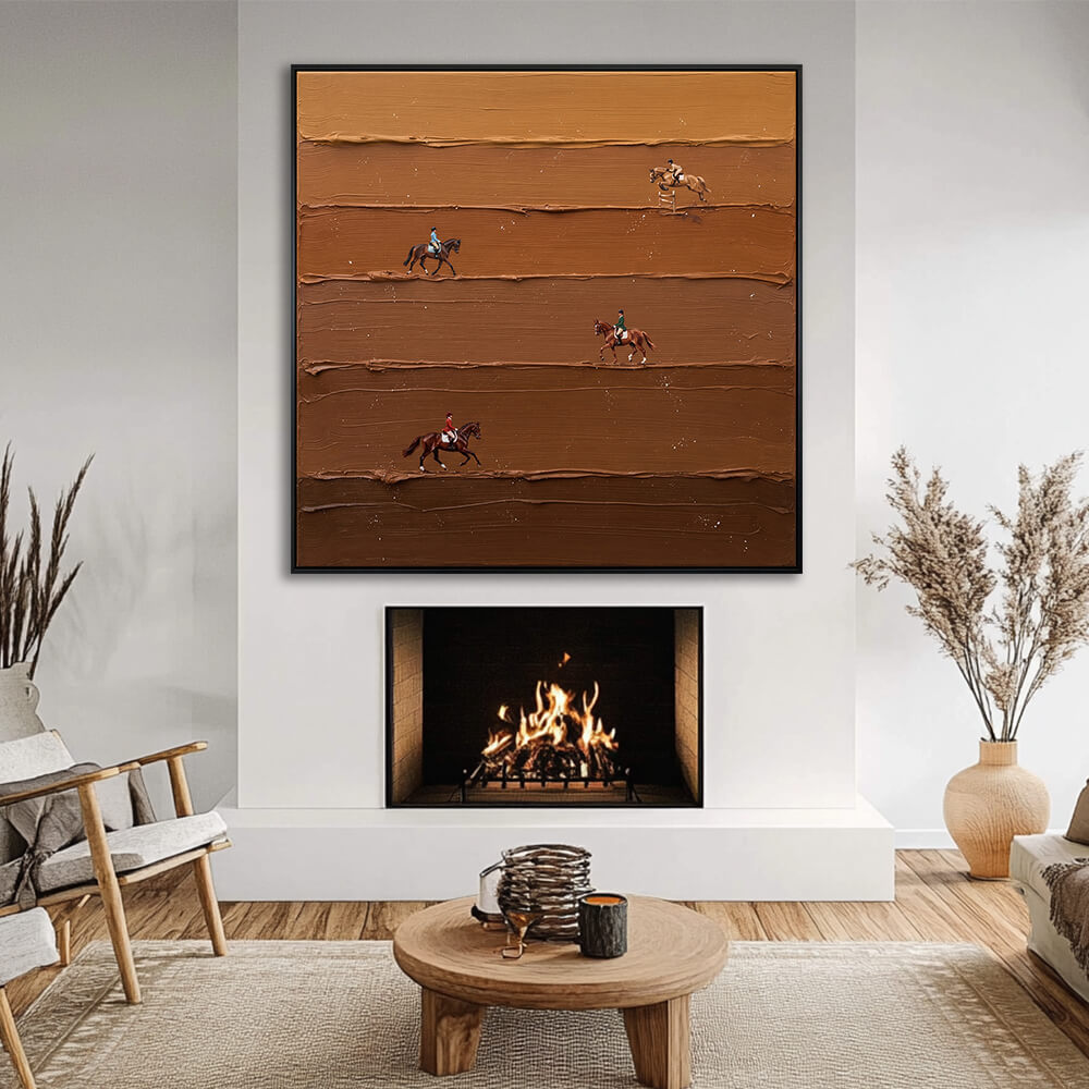 Interior styling view of Countryside Cadence hanging above a glowing fireplace in a cozy, cream-toned living room.