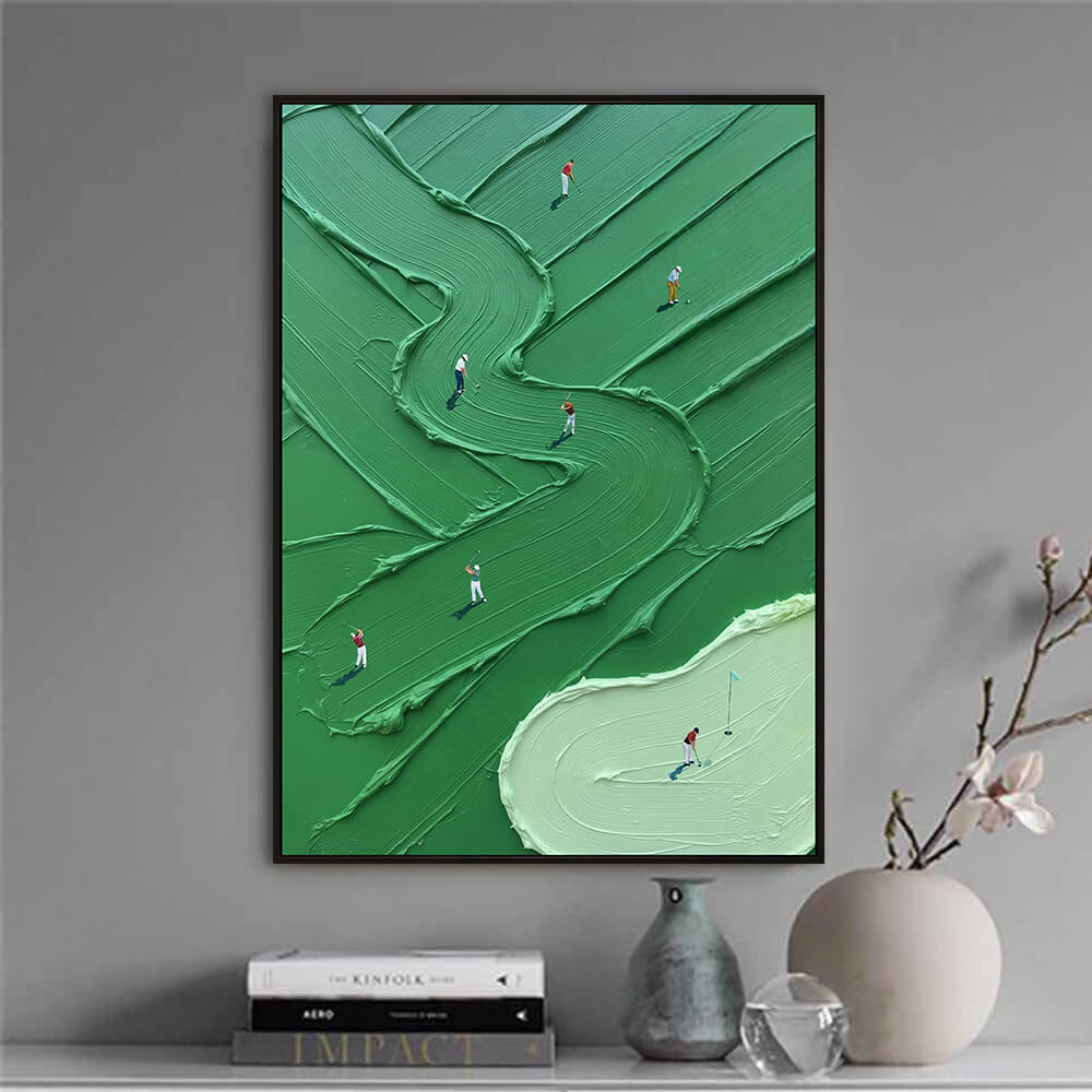 Interior styling view of Emerald Fairway textured fairway court painting art hanging above a table set with books and a vase.