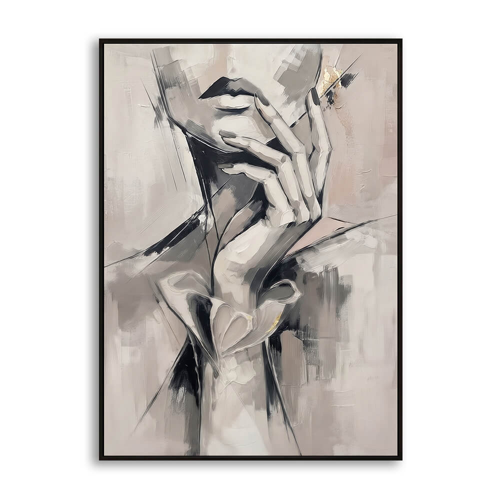 Studio front view of Silent Grace, an original 100% hand-painted fashion canvas artwork featuring a minimalist female portrait with delicate hands and gold leaf accents.