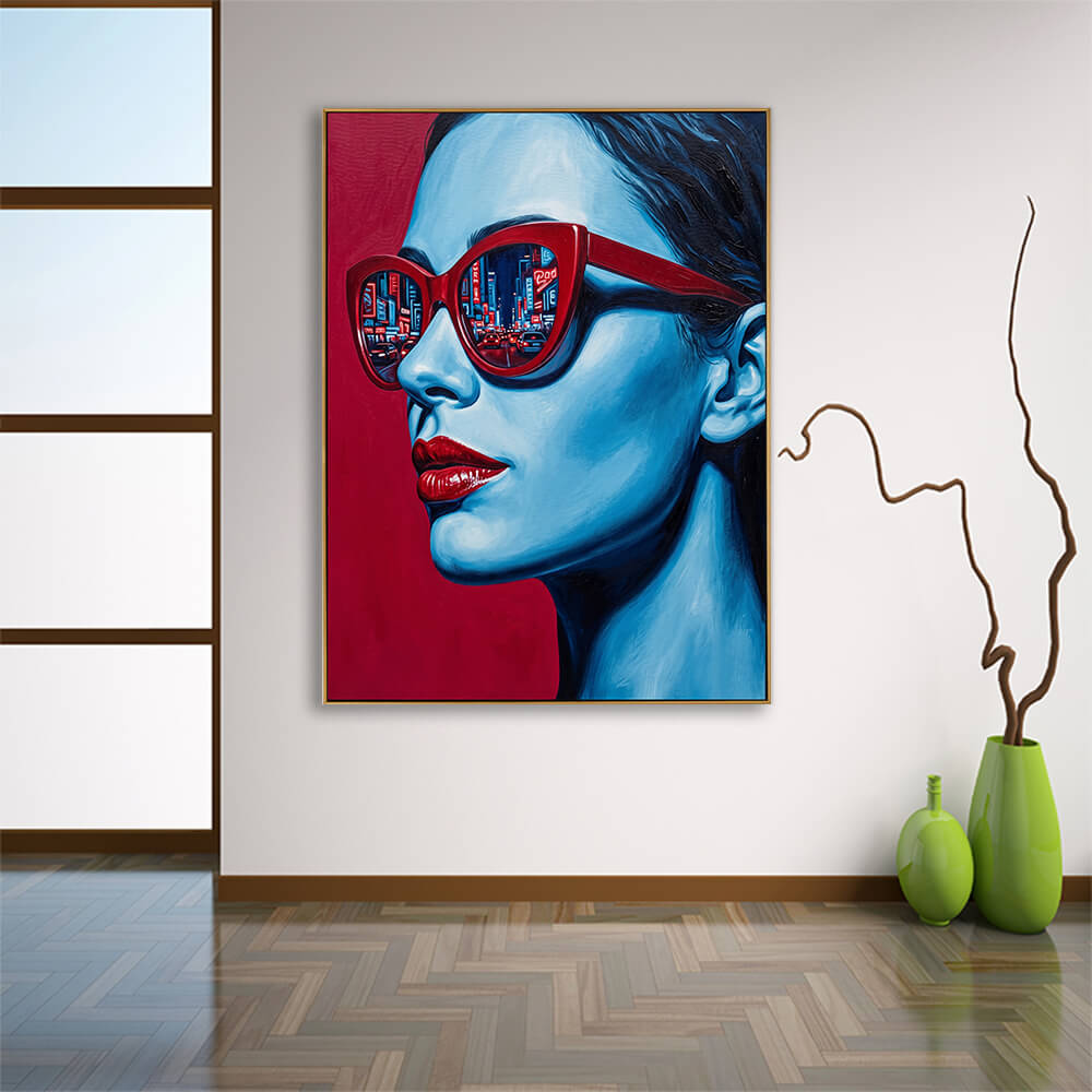 Bold contrasting pop art woman canvas wall decor in soft japandi entry space with natural herringbone wood flooring and green vases