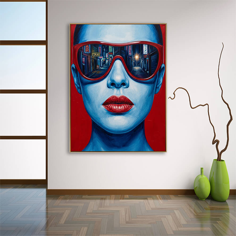 Bold contrast pop art canvas wall decor in soft japandi entry space, herringbone wood flooring, two glossy lime green ceramic vases with twisted dry branches