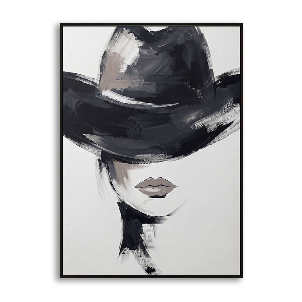 Studio front view of Velvet Crown, an original 100% hand-painted fashion canvas artwork featuring a minimalist female portrait with a chic black hat and neutral lips.