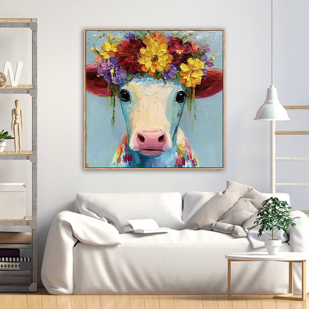 Hand-painted flower crown cow canvas displayed above soft white linen sofa with industrial metal wood shelf and green foliage plant in bright living room
