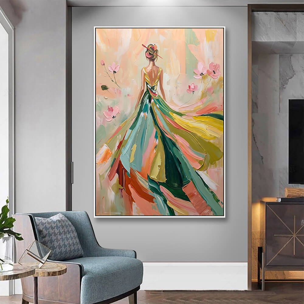 Framed textured lady figurative canvas mounted beside bathroom vanity