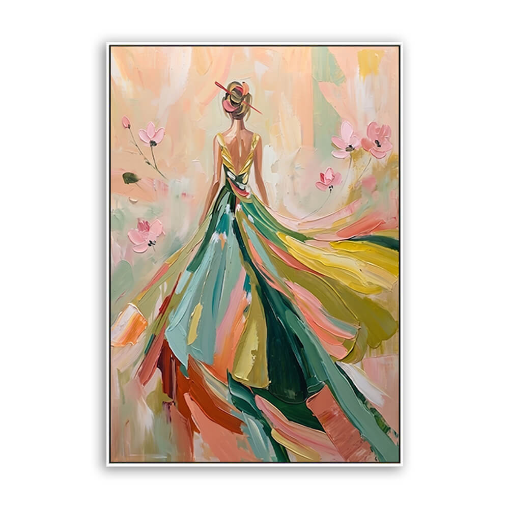 Vertical hand painted figurative canvas, back view lady with flowing colorful ballgown, pastel peach background and pink flowers, soft layered brushwork