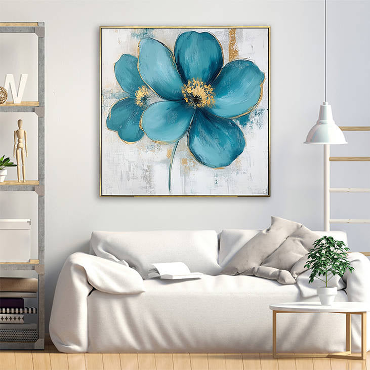 Hand Painted Teal Flower Canvas Wall Art with Gold Accents #YX299