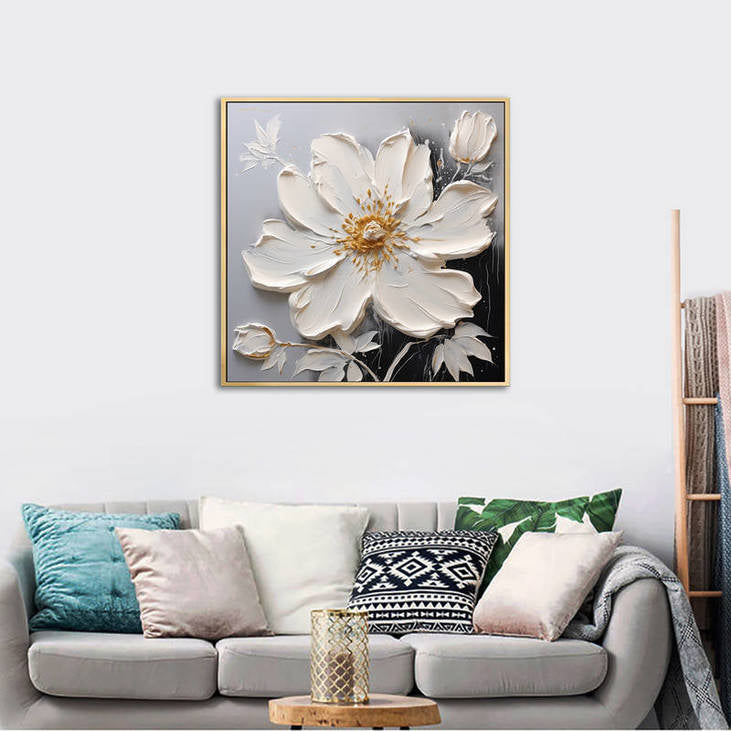 Abstract White Flower Art with Gold Details #VA107