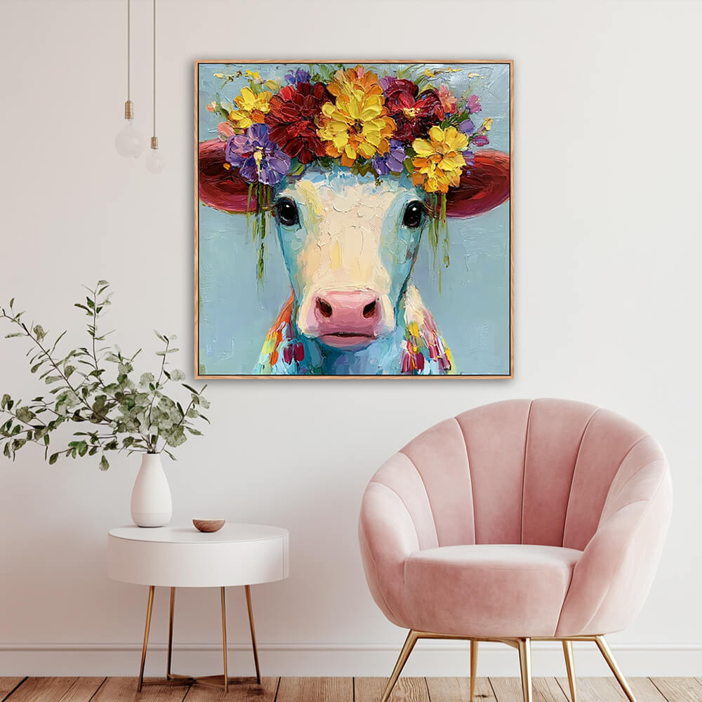 Hand-painted floral cow portrait canvas in cozy reading nook with blush pink velvet armchair, white round side table and eucalyptus greenery vase