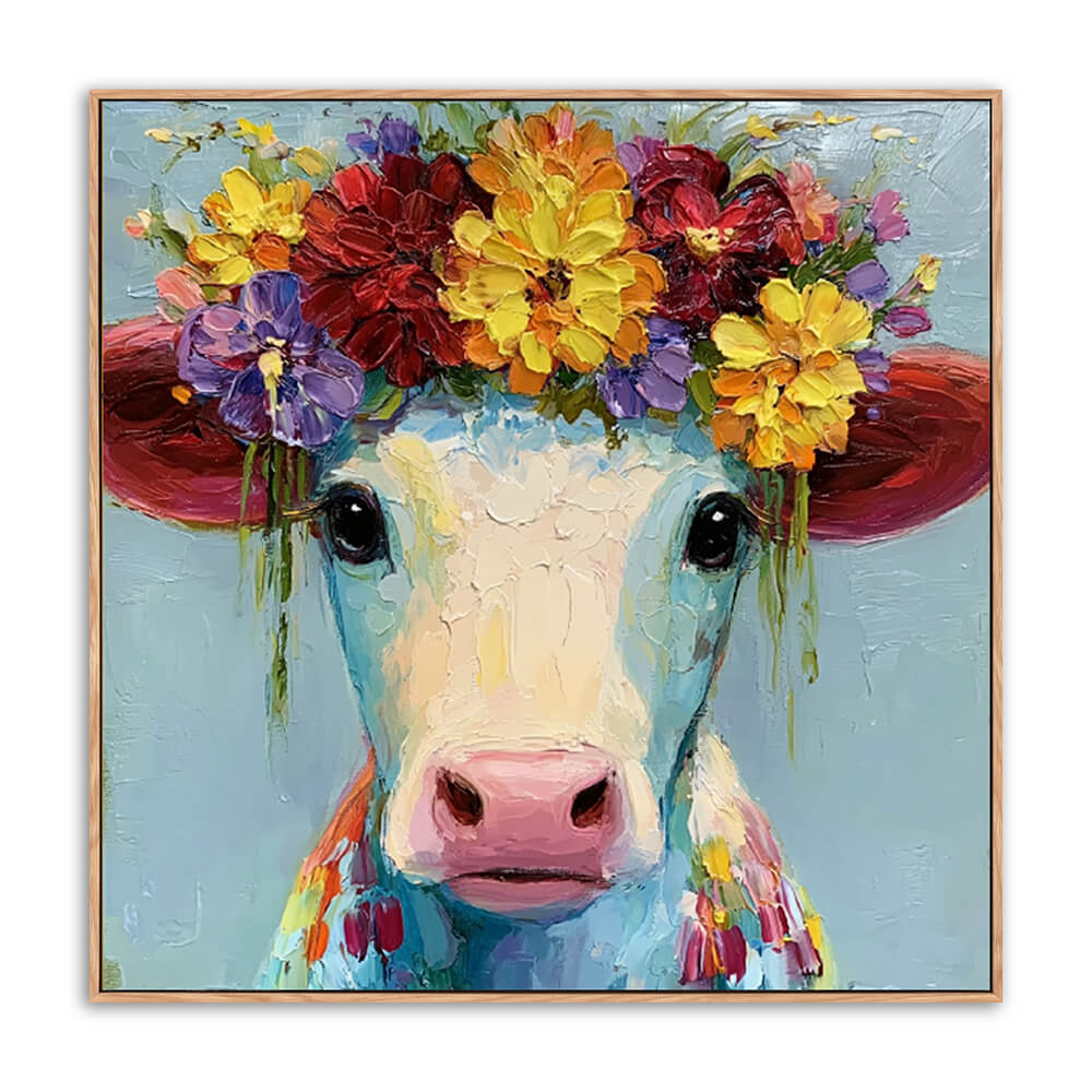 Hand-painted cow portrait canvas, adorable cow wearing lush flower crown with yellow red purple blooms, soft sky blue background, pink nose, red ears, light wood floating frame, isolated white background