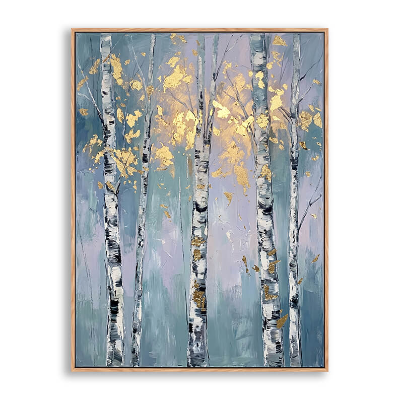Vertical hand painted canvas featuring five white birch trees with gold leaf foliage on misty blue-purple background, heavy 3D impasto texture, dreamy atmospheric forest landscape artwork