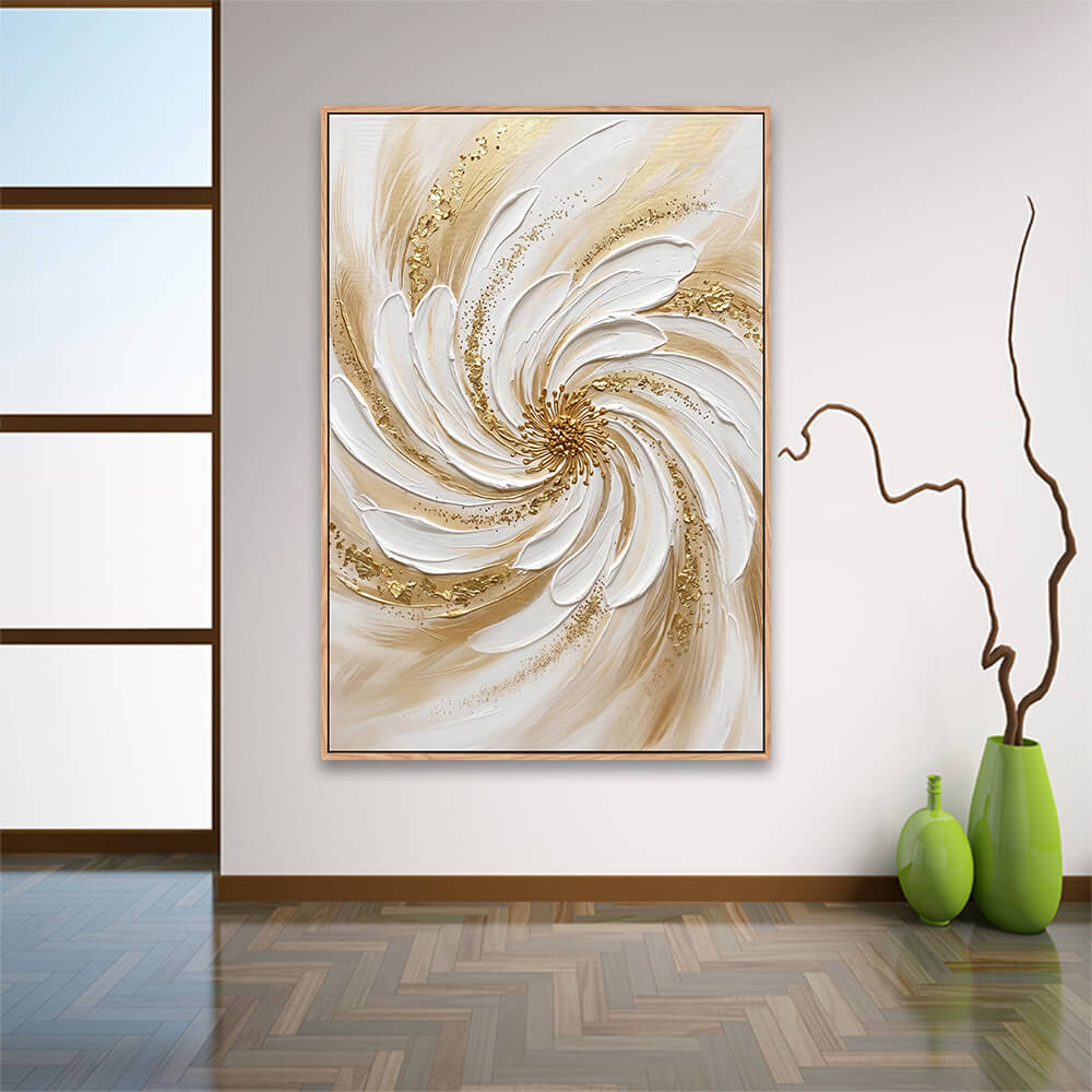 White gold luxury floral canvas decorating hallway next to table lamp and cabinetry