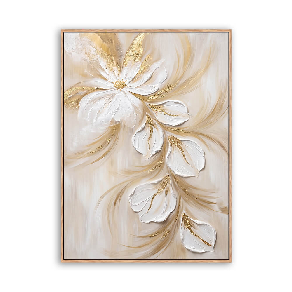 Vertical hand painted abstract canvas, textured cascading white flowers with gold leaf detail, warm beige background, soft layered brushwork