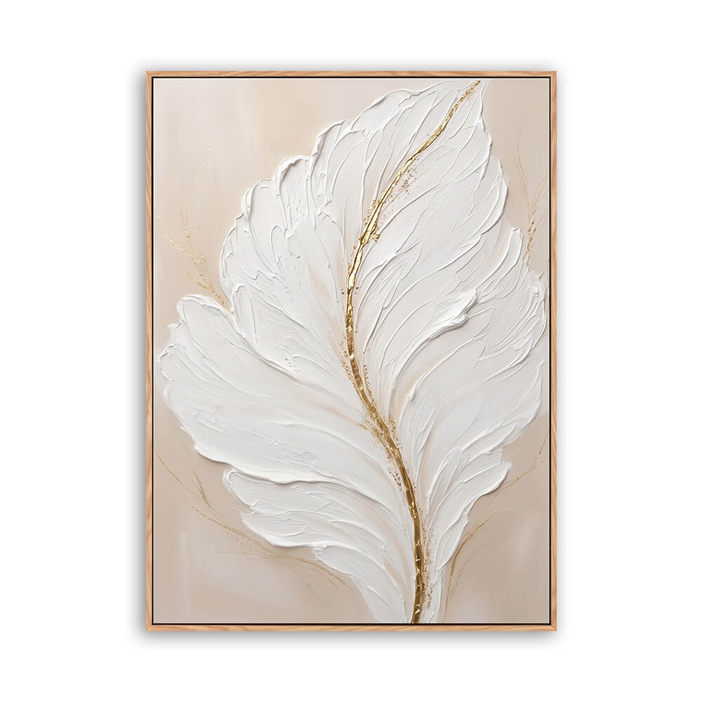Vertical hand painted abstract canvas, textured sculptural white feather with gold leaf vein, warm beige background, soft layered brushwork