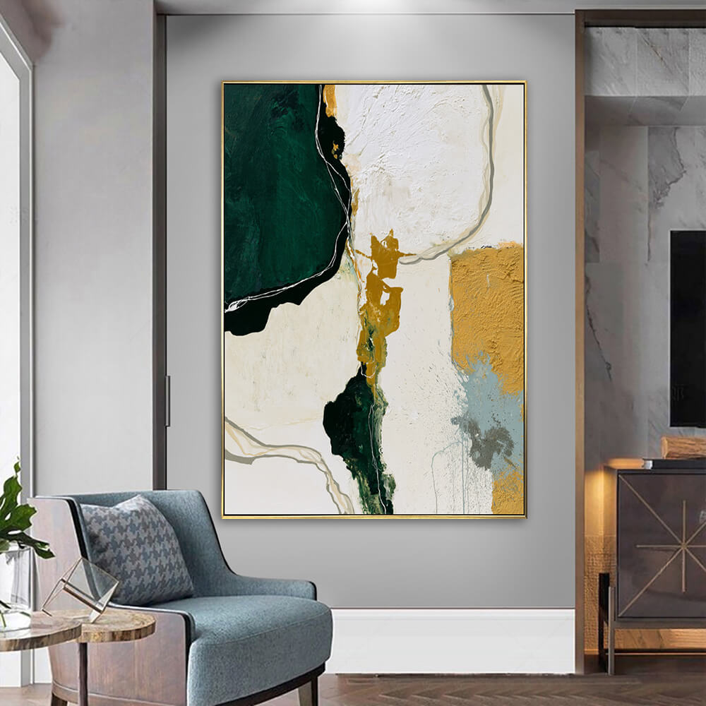 Bright living room corner, framed emerald flow impasto painting above accent chair, neutral modern home styling